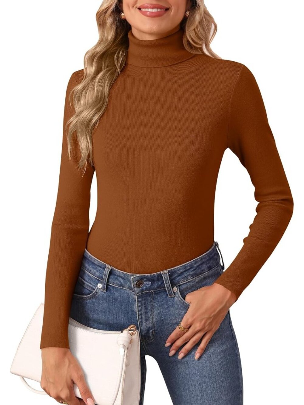 Women's Caramel Turtle Neck Long Sleeve Pull On Basic Thermal Ribbed Tops